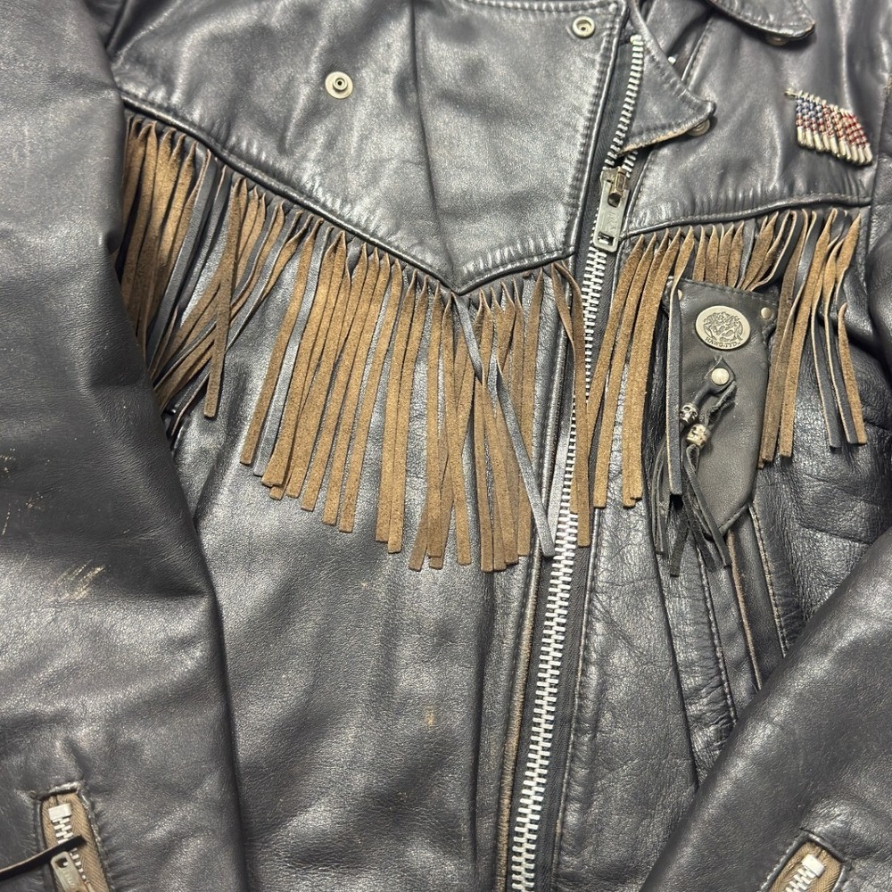 Leather Fringe Jacket Womens L Black Good Vintage Biker Western Moto - Picture 2 of 9